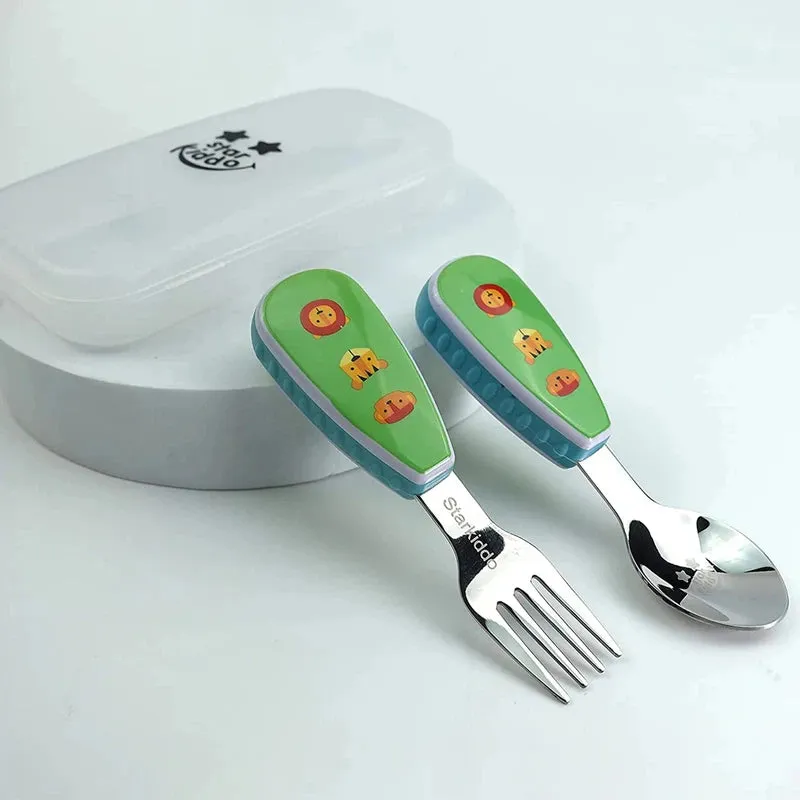 Roaring Cats | Premium, Safe and Stylish Stainless-Steel Spoon and Fork Set with Travel Case for Toddlers and Kids