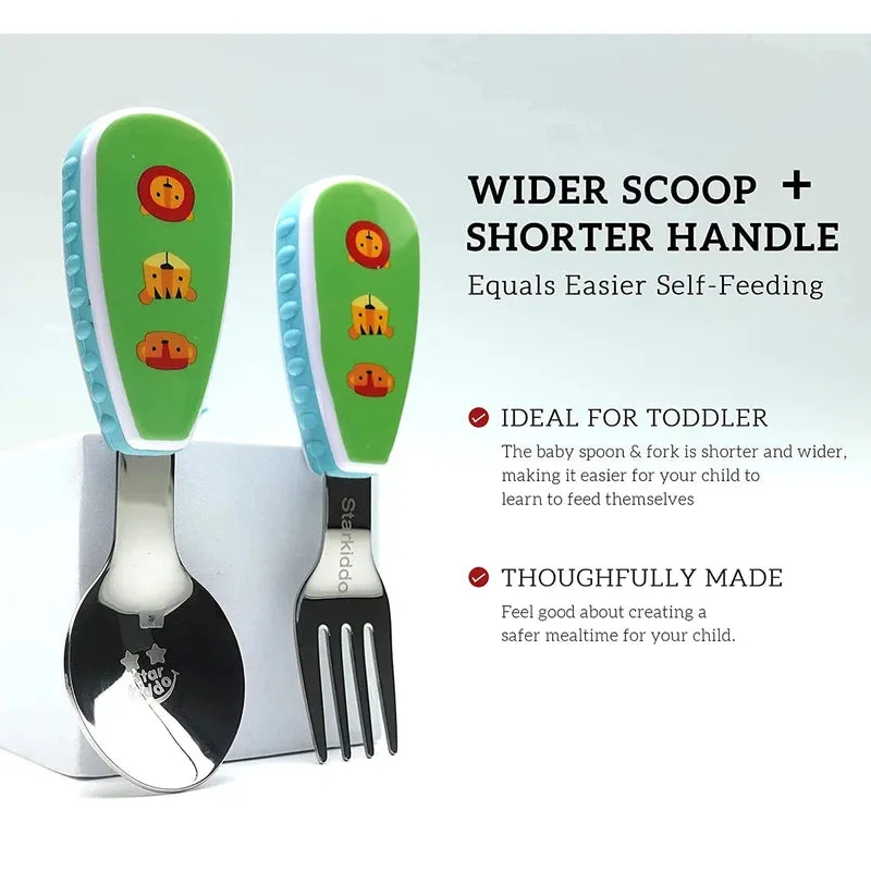 Roaring Cats | Premium, Safe and Stylish Stainless-Steel Spoon and Fork Set with Travel Case for Toddlers and Kids