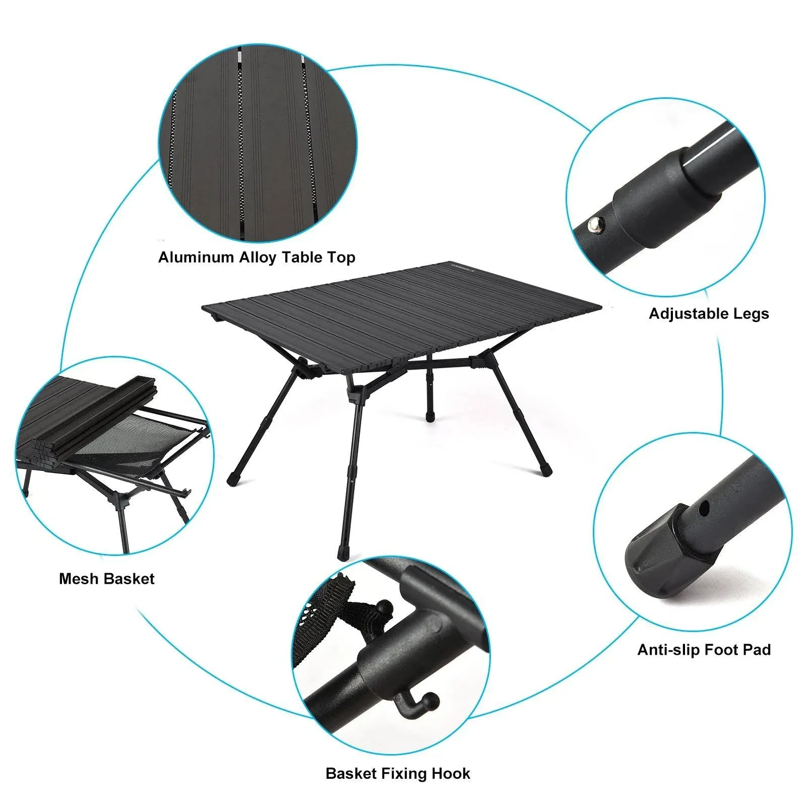 TOMSHOO Folding Camping Table Foldable Aluminum Camp Table with Mesh Basket & Adjustable Legs for Outdoor Picnic Backyard BBQ